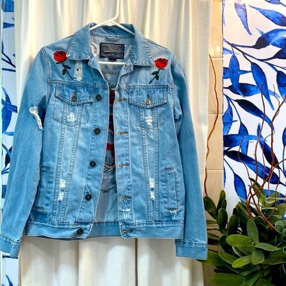 Brooklyn Cloth Co. Savage New York Distressed Denim Embroidered Jacket Sz S - Picture 1 of 10